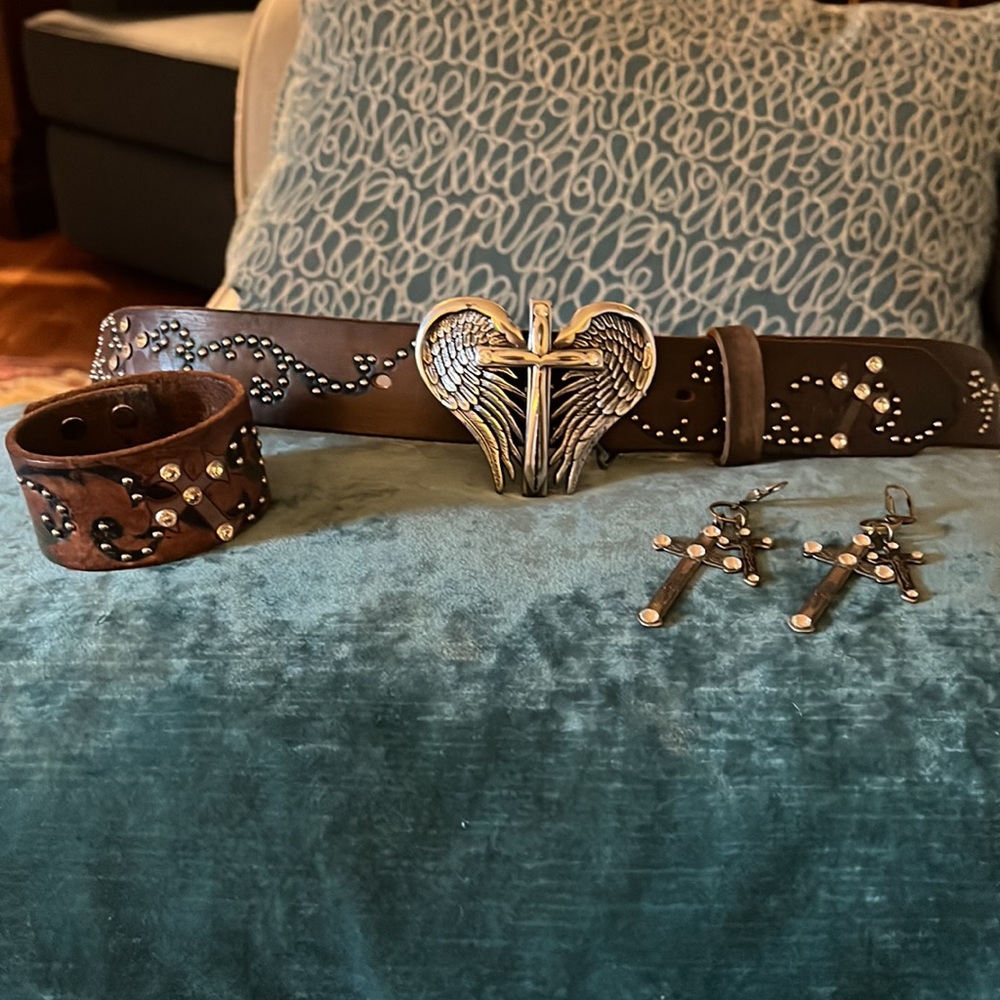 Leather Belt, Cuff Bracelet and Earrings